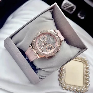gw0407l3 guess watch women crystals rose gold dial rubber pink strap quartz battery analog three hand heiress 15
