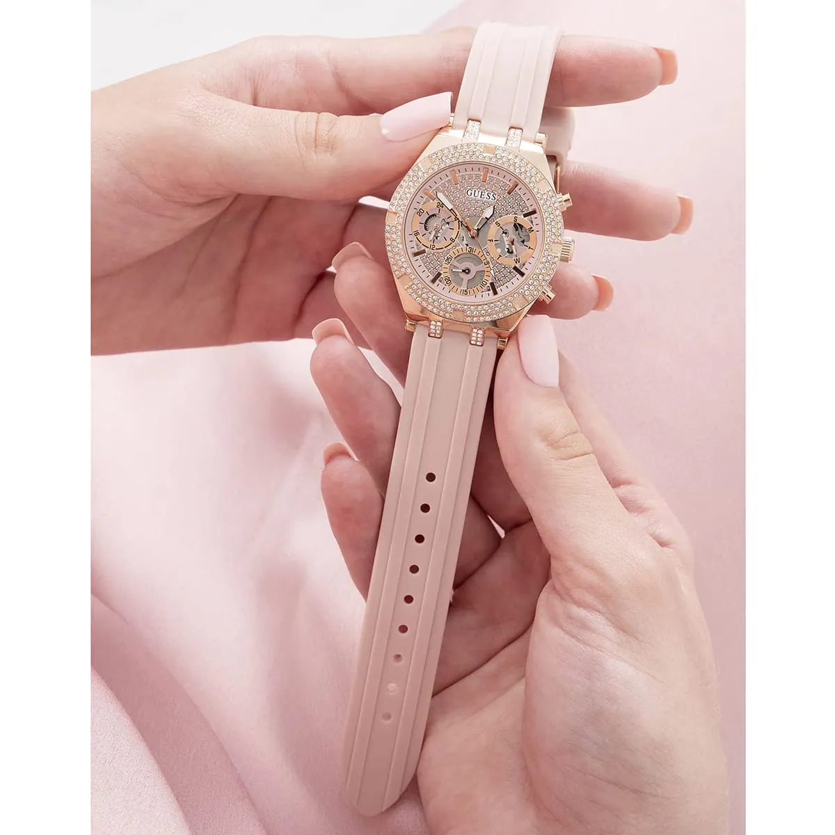 gw0407l3 guess watch women crystals rose gold dial rubber pink strap quartz battery analog three hand heiress 16 gw0407l3 guess watch women crystals rose gold dial rubber pink strap quartz battery analog three hand heiress 16