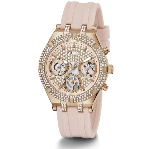 gw0407l3 guess watch women crystals rose gold dial rubber pink strap quartz battery analog three hand heiress 2