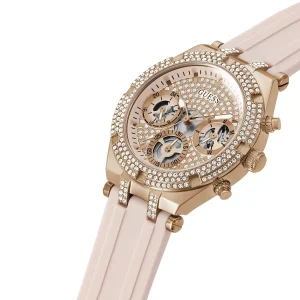 gw0407l3 guess watch women crystals rose gold dial rubber pink strap quartz battery analog three hand heiress 3