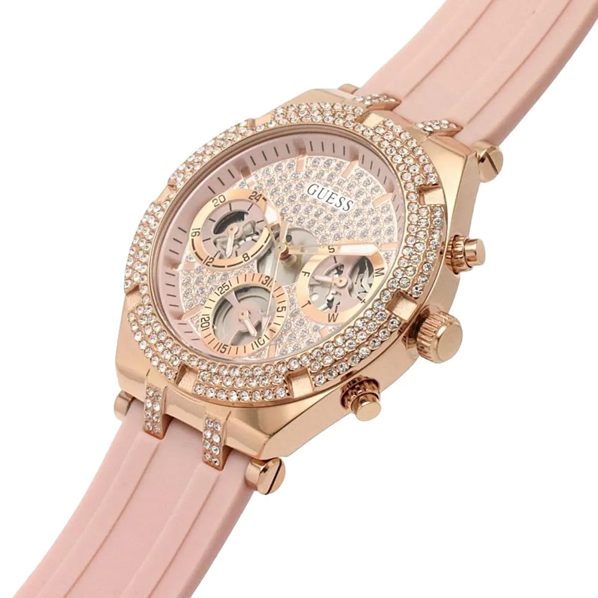 gw0407l3 guess watch women crystals rose gold dial rubber pink strap quartz battery analog three hand heiress 4 gw0407l3 guess watch women crystals rose gold dial rubber pink strap quartz battery analog three hand heiress 4