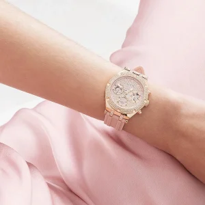 gw0407l3 guess watch women crystals rose gold dial rubber pink strap quartz battery analog three hand heiress 9