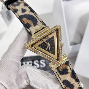 gw0504l3 guess watch women triangle crystals gold dial leather brown strap quartz battery analog three hand fame 13