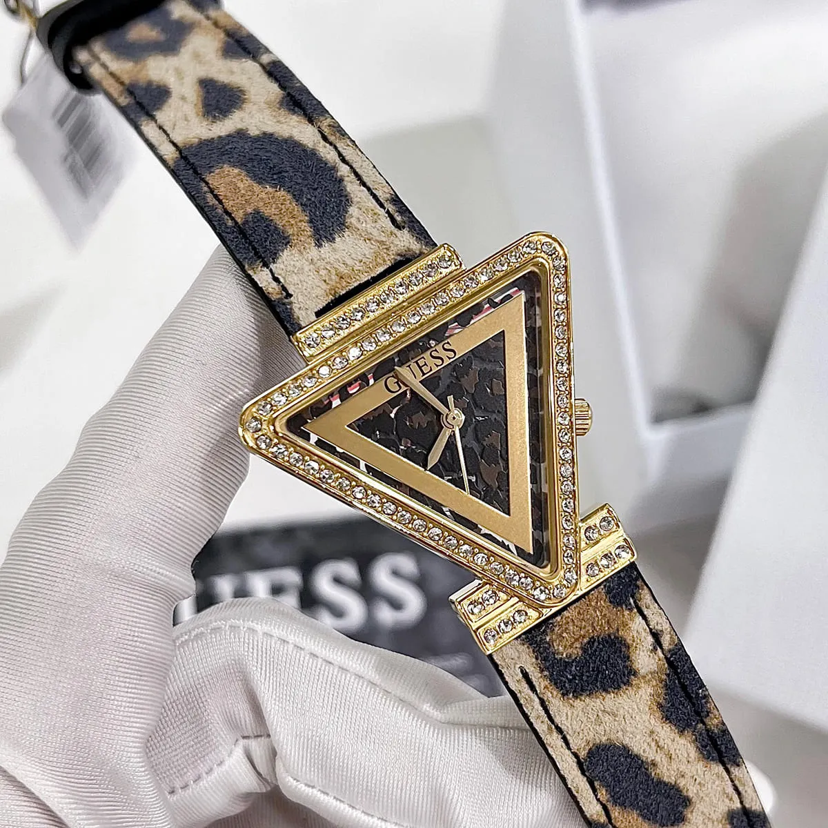 gw0504l3 guess watch women triangle crystals gold dial leather brown strap quartz battery analog three hand fame 13 gw0504l3 guess watch women triangle crystals gold dial leather brown strap quartz battery analog three hand fame 13
