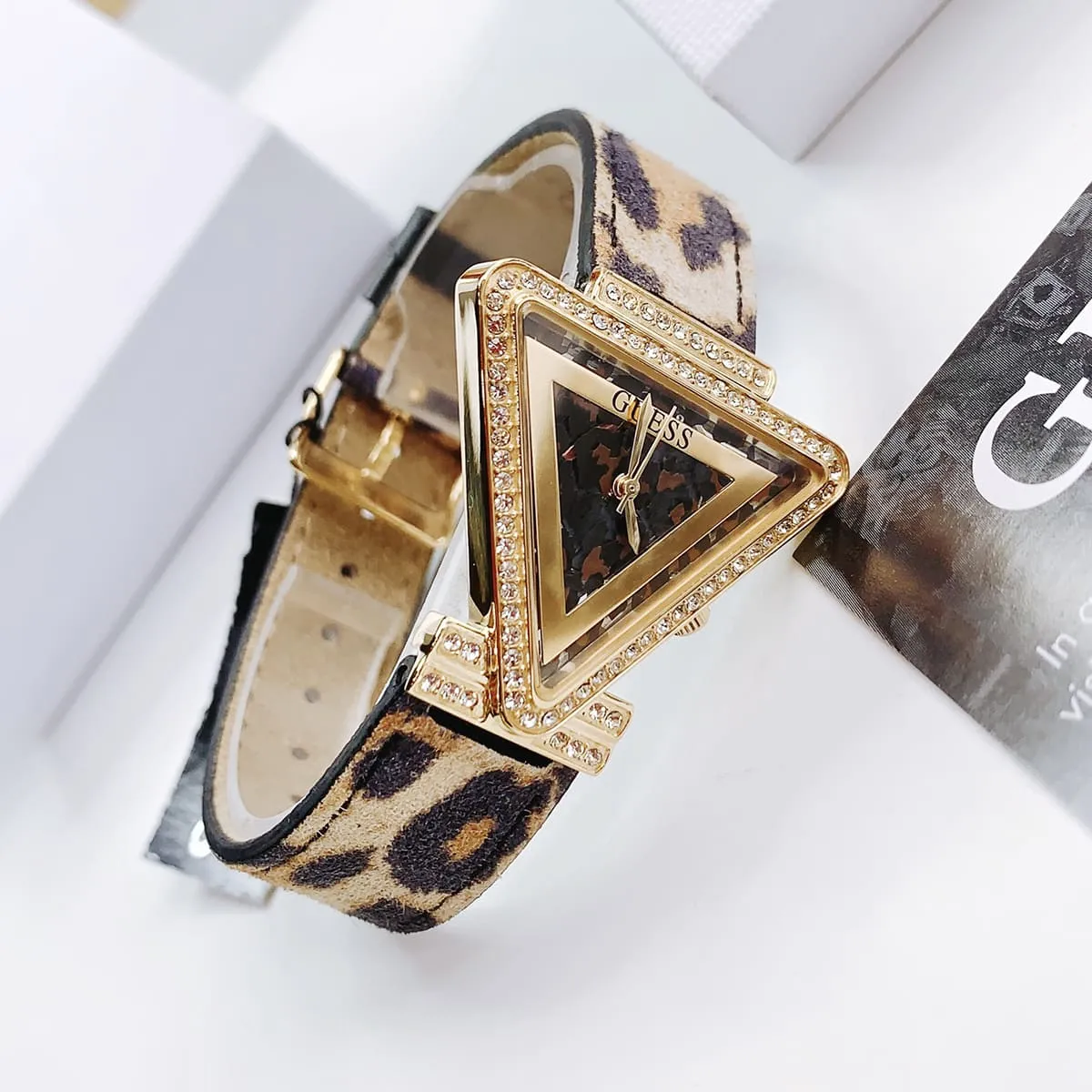 gw0504l3 guess watch women triangle crystals gold dial leather brown strap quartz battery analog three hand fame 14 gw0504l3 guess watch women triangle crystals gold dial leather brown strap quartz battery analog three hand fame 14