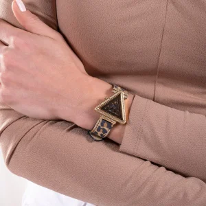 gw0504l3 guess watch women triangle crystals gold dial leather brown strap quartz battery analog three hand fame 15