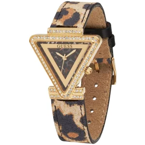 gw0504l3 guess watch women triangle crystals gold dial leather brown strap quartz battery analog three hand fame 2