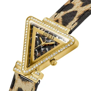 gw0504l3 guess watch women triangle crystals gold dial leather brown strap quartz battery analog three hand fame 3