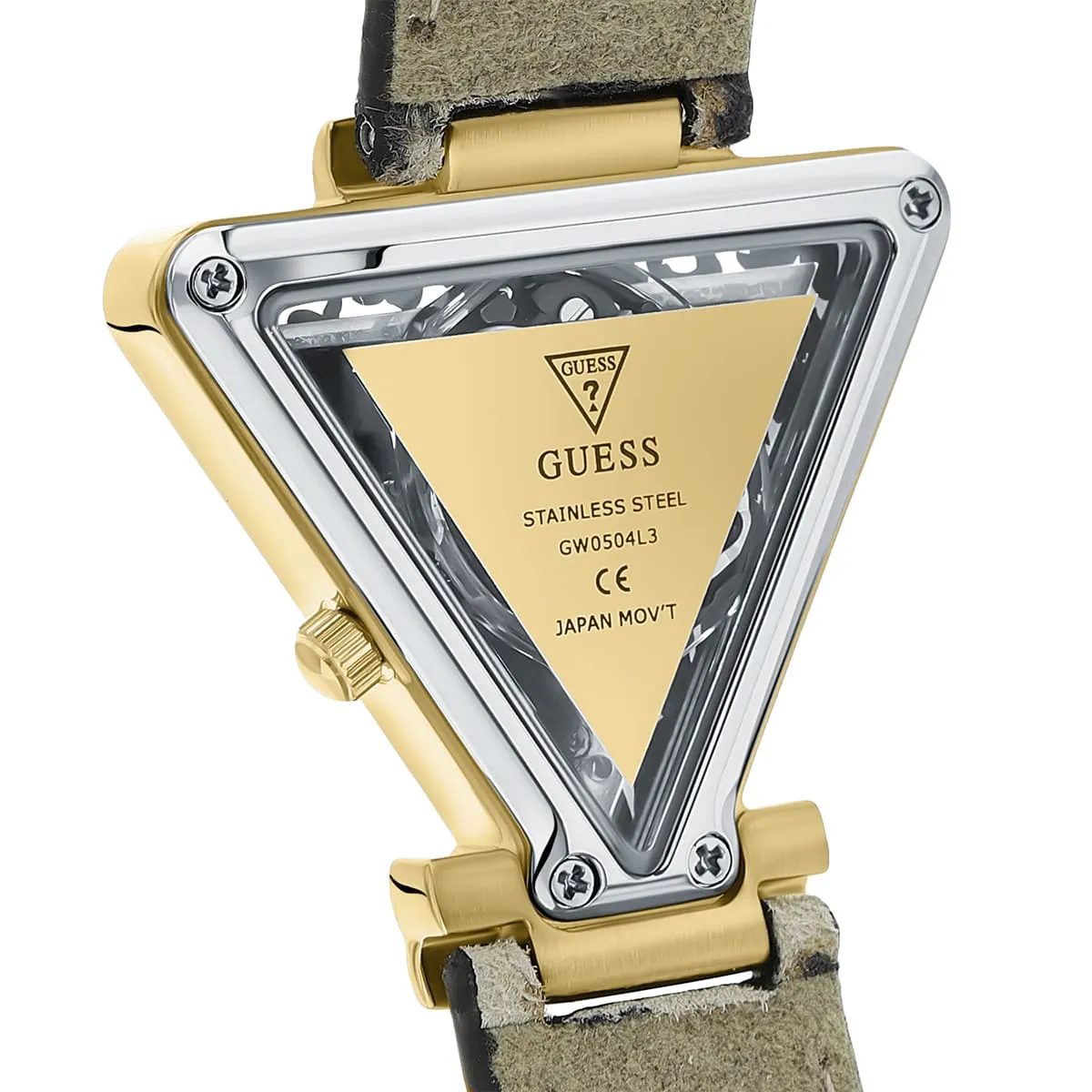 gw0504l3 guess watch women triangle crystals gold dial leather brown strap quartz battery analog three hand fame 9 gw0504l3 guess watch women triangle crystals gold dial leather brown strap quartz battery analog three hand fame 9