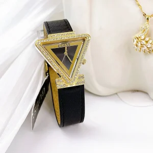 gw0504l5 guess watch women triangle crystals black dial leather strap quartz battery analog three hand fame 10