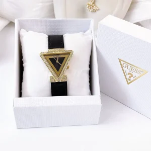 gw0504l5 guess watch women triangle crystals black dial leather strap quartz battery analog three hand fame 15