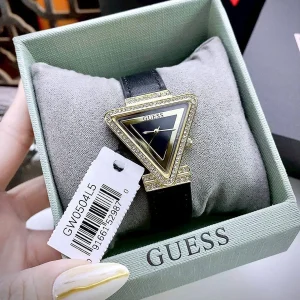 gw0504l5 guess watch women triangle crystals black dial leather strap quartz battery analog three hand fame 16