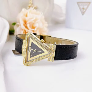 gw0504l5 guess watch women triangle crystals black dial leather strap quartz battery analog three hand fame 8