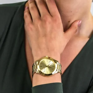 mk3179 michael kors watch women gold dial metal stainless steel golden strap quartz battery analog three hand slim runway 10