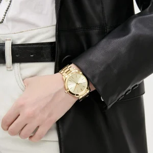 mk3179 michael kors watch women gold dial metal stainless steel golden strap quartz battery analog three hand slim runway 12