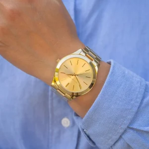 mk3179 michael kors watch women gold dial metal stainless steel golden strap quartz battery analog three hand slim runway 14