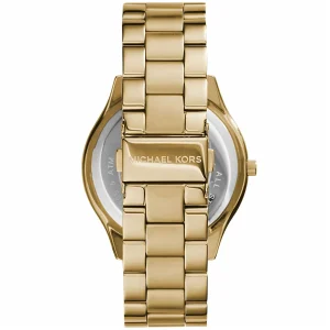 mk3179 michael kors watch women gold dial metal stainless steel golden strap quartz battery analog three hand slim runway 5