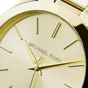 mk3179 michael kors watch women gold dial metal stainless steel golden strap quartz battery analog three hand slim runway 7
