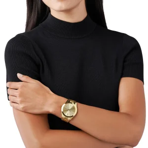 mk3179 michael kors watch women gold dial metal stainless steel golden strap quartz battery analog three hand slim runway 8