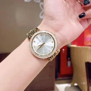 mk3216 michael kors watch women crystals gold dial metal stainless steel golden strap quartz battery analog three hand darci 10