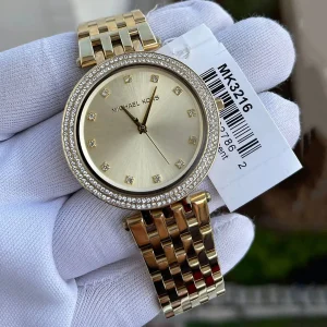 mk3216 michael kors watch women crystals gold dial metal stainless steel golden strap quartz battery analog three hand darci 11