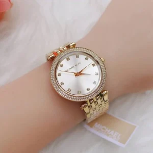 mk3216 michael kors watch women crystals gold dial metal stainless steel golden strap quartz battery analog three hand darci 13