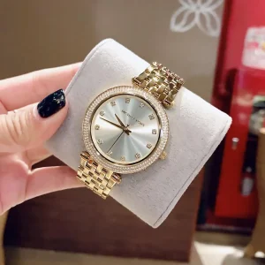 mk3216 michael kors watch women crystals gold dial metal stainless steel golden strap quartz battery analog three hand darci 14