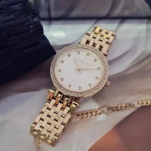 mk3216 michael kors watch women crystals gold dial metal stainless steel golden strap quartz battery analog three hand darci 7