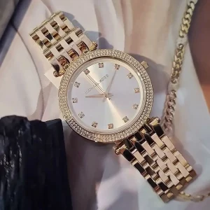 mk3216 michael kors watch women crystals gold dial metal stainless steel golden strap quartz battery analog three hand darci 8