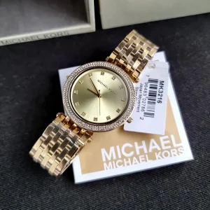 mk3216 michael kors watch women crystals gold dial metal stainless steel golden strap quartz battery analog three hand darci 9