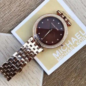 mk3217 michael kors watch women crystals brown dial metal stainless steel rose gold strap quartz battery analog three hand darci 10