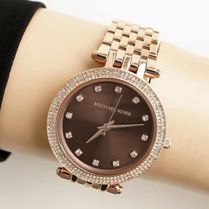 mk3217 michael kors watch women crystals brown dial metal stainless steel rose gold strap quartz battery analog three hand darci 11