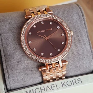 mk3217 michael kors watch women crystals brown dial metal stainless steel rose gold strap quartz battery analog three hand darci 12