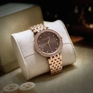 mk3217 michael kors watch women crystals brown dial metal stainless steel rose gold strap quartz battery analog three hand darci 13