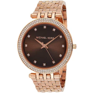 mk3217 michael kors watch women crystals brown dial metal stainless steel rose gold strap quartz battery analog three hand darci 2