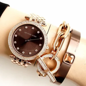 mk3217 michael kors watch women crystals brown dial metal stainless steel rose gold strap quartz battery analog three hand darci 8