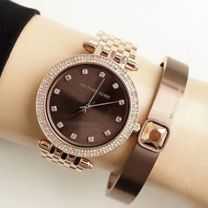 mk3217 michael kors watch women crystals brown dial metal stainless steel rose gold strap quartz battery analog three hand darci 9