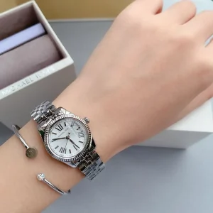 mk3228 michael kors watch women silver dial metal stainless steel strap quartz battery analog three hand lexington 11