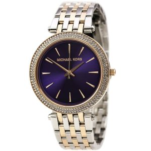 mk3353 michael kors watch women blue dial stainless steel metal silver rose gold two tone strap quartz analog three hand darci 2