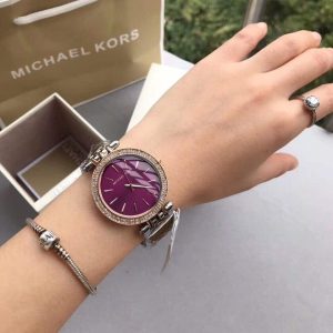 mk3353 michael kors watch women blue dial stainless steel metal silver rose gold two tone strap quartz analog three hand darci 7