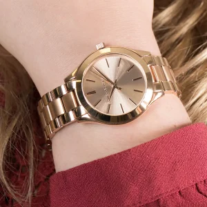 mk3513 michael kors watch women rose gold dial metal stainless steel strap quartz battery analog three hand runway slim mini 10