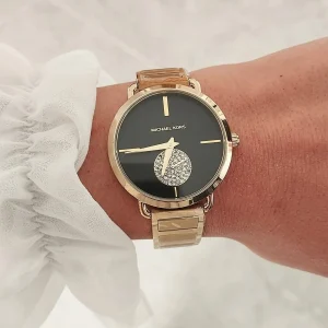 mk3788 michael kors watch women crystals black dial metal stainless steel gold strap quartz battery analog three hand portia 10