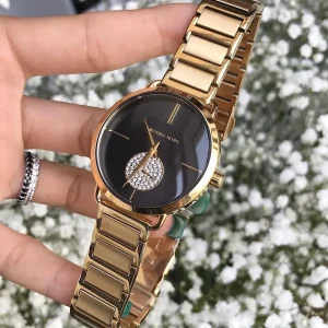 mk3788 michael kors watch women crystals black dial metal stainless steel gold strap quartz battery analog three hand portia 11
