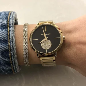 mk3788 michael kors watch women crystals black dial metal stainless steel gold strap quartz battery analog three hand portia 12