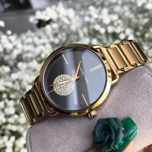 mk3788 michael kors watch women crystals black dial metal stainless steel gold strap quartz battery analog three hand portia 14