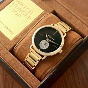 mk3788 michael kors watch women crystals black dial metal stainless steel gold strap quartz battery analog three hand portia 15