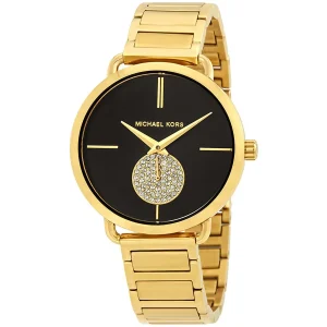 mk3788 michael kors watch women crystals black dial metal stainless steel gold strap quartz battery analog three hand portia 2