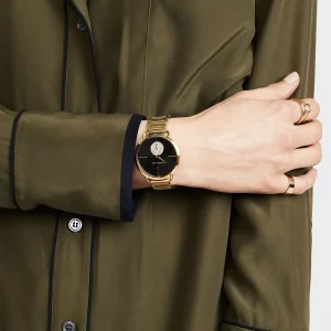 mk3788 michael kors watch women crystals black dial metal stainless steel gold strap quartz battery analog three hand portia 7