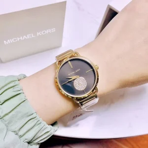 mk3788 michael kors watch women crystals black dial metal stainless steel gold strap quartz battery analog three hand portia 9