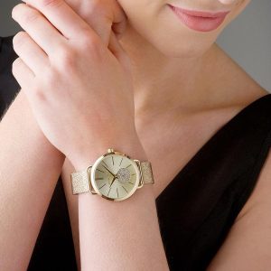 mk3844 michael kors watch women gold dial stainless steel metal golden mesh strap quartz analog three hand portia 9
